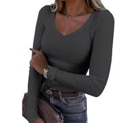 Elegante maglietta a maniche lunghe con taglio a V per le donne in misto poliestere leggero design dimagrante usura quotidiana scelte di colore libero elastico da donna top quotidiano, Grigio scuro, S