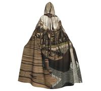 Elegante mantello da strega con stampa di una vecchia barca vichinga, mantello con cappuccio, costume da mago per Halloween, cosplay e carnevale