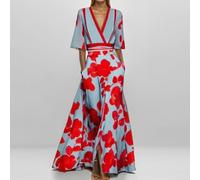 Elegante maxi abito da donna con scollo a V a maniche corte stampato, gonna a pieghe lunga estiva per il tempo libero M-2XL (A L)