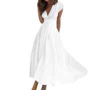 Elegante maxi abito estivo da donna, linea ad A, scollo a V, vita alta, abito aderente da donna, abito estivo con maniche, abito lungo, B bianco, L