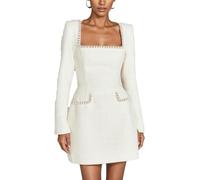 Elegante mini abito da donna in tweed, vintage, con scollo quadrato, decorato con perle, a maniche lunghe, corto, svasato, per feste, cocktail, balli, formali, affari, retrò, chic, autunno inverno,