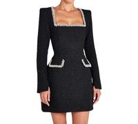 Elegante mini abito da donna in tweed, vintage, con scollo quadrato, decorato con perle, a maniche lunghe, corto, svasato, per feste, cocktail, balli, formali, affari, retrò, chic, autunno inverno,