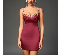 Elegante mini abito in raso senza maniche con applicazioni floreali e design schiena scoperta, abito da festa glamour corto con vestibilità aderente e zip L,M,S,XL,XSBlocchi di coloreRaso