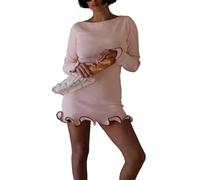 Elegante Mini Abito Nero Lavorato A Maglia da Donna Autunno Manica Lunga Arricciato Abito da Festa alla Moda Abiti da Maglione Corti Femminili,Rosa,M