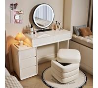 Elegante mobile da trucco con specchio e luci, sgabello e secchiello portaoggetti - Tavolo da toeletta perfetto per un trucco chic