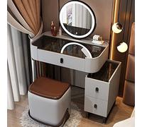 Elegante mobile da trucco grigio con specchio a LED in vetro temperato con 3 cassetti e sgabello, 3 modalità di illuminazione, design compatto per piccoli spazi, tavolo da toeletta di bellezza.