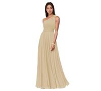 Elegante Monospalla Abito da Damigella Fluviale Plissé Trapezio Abito Lungo da Cerimonia per Invitati A Nozze,Champagne,M