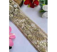 Elegante nastro in pizzo dorato con perline e perline e bordo a catena, champagne, applique da cucito per abiti da sposa, disponibile in 1, 3 e 6 m