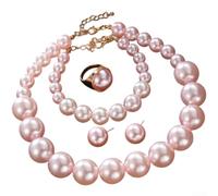 Elegante parure di gioielli da donna con perle francesi, 5 pezzi, collana, orecchini, braccialetto, in lega di lusso, per festa nuziale, rosso e bianco (rosa)