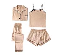 Elegante pigiama da donna set di pigiama da donna liscio seta gelato alla moda, set di quattro pezzi, comodo e traspirante, cachi, M