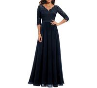 Elegante pizzo 3/4 maniche una linea abito lungo impero vita maglia sera cocktail abito da festa di nozze, Blu scuro, L