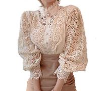 Elegante pizzo Trim Camicie Casual vittoriano Camicetta manica lunga Button Down Top, Albicocca, L