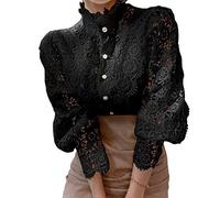 Elegante pizzo Trim Camicie Casual vittoriano Camicetta manica lunga Button Down Top, nero, M