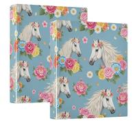 Elegante raccoglitore a tre anelli con motivo cavalli bianchi colorati, 3,8 cm, raccoglitore ad anelli a D con tasche, raccoglitore decorativo per scuola, università o ufficio (confezione da 2)