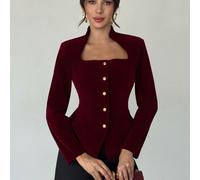 Elegante, raffinata e romantica camicetta casual da donna, nuova moda da strada, collo alla coreana, fibbia a forma di drago sulla vita, orlo a-line, manica lunga, colore bordeaux, adatta per Natale, 