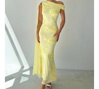 Elegante, raffinato, romantico e dignitoso abito da sera lungo da donna con spalla scoperta, ricamo in rete, silhouette a sirena, colore giallo, adatto per feste, appuntamenti e balli L,M,S,XSBlocchi 