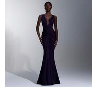 Elegante romantico alla moda abito lungo formale in tessuto elastico viola con decorazione drappeggiata e orlo a sirena per invitati a matrimoni, cocktail festa, serate, primavera, nero e bianco L,M,S