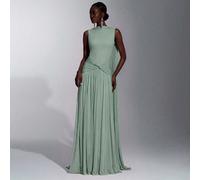 Elegante, Romantico, Alla Moda, Grigio-Verde, Raso, Scollo a Barca, Senza Maniche, Decorazione Plissettata, Coda di Sirena, Strascico, Moda, Influencer, Vacanza, Festa di Compleanno, Evento Matrimonia
