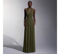 Elegante, romantico e alla moda abito a-line con collo alla halter in rete elastica, arricciato e decorato. Abito elegante da festa, da matrimonio o da damigella, di colore arancione, alla moda e graz