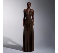 Elegante, romantico e alla moda abito a-line con collo alla halter in rete elastica, arricciato e decorato. Abito elegante da festa, da matrimonio o da damigella, di colore arancione, alla moda e graz
