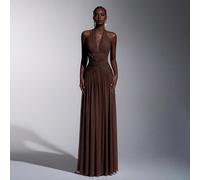 Elegante, romantico e alla moda abito a-line con collo alla halter in rete elastica, arricciato e decorato. Abito elegante da festa, da matrimonio o da damigella, di colore arancione, alla moda e graz