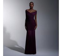 Elegante, romantico e alla moda abito a tubino in tessuto elastico in rete di colore viola scuro con arricciature, abito elegante da festa, abito da ospite di matrimonio, abito viola, abito da damigel