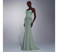 Elegante, romantico e alla moda abito con inserti in rete elastica verde e tessuto twill, decorazione arricciata, orlo a coda di pesce, abito elegante da festa, matrimonio o cerimonia, abito da sera v