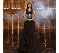 Elegante, romantico e alla moda abito da cerimonia in chiffon color caffè con patchwork di paillettes e spacco frontale a linea A, adatto come abito da ospite di matrimonio, abito elegante da cerimoni