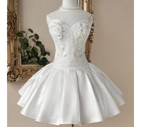 Elegante, romantico e alla moda abito da cerimonia in raso bianco con applicazioni, senza spalline, linea ad A, adatto per invitati di matrimonio, addio al nubilato, ballo di fine anno, festa per la s