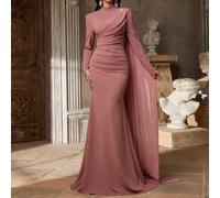 Elegante, romantico e alla moda abito da cerimonia lungo con strascico, in tessuto stretch rosa loto con decorazioni in strass, maniche lunghe e orlo a sirena plissettato, adatto per invitati a matrim