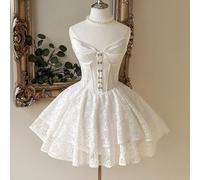 Elegante, romantico e alla moda abito da sera lungo in pizzo bianco e raso con patchwork, senza spalline e con vita svasata, adatto per addio al nubilato, matrimonio, laurea, vacanza, festa per la spo