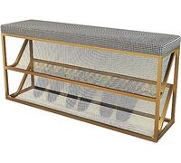 Elegante scarpiera da ingresso con struttura in metallo, 2 ripiani e comoda seduta per corridoio, soggiorno o camera da letto, design pied de poule, perfetta per organizzare scarpe e accessori