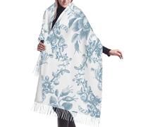 Elegante sciarpa in cashmere con frange in toile de chine blu e bianco con incisione floreale. Le sciarpe in seta autunnali e invernali sono super calde e morbide. Un accessorio di moda ideale come