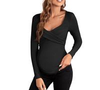 Elegante scollo a V premaman allattamento top crossing over wrap design morbido poliestere camicia a maniche lunghe per allattamento al seno comfort maternità allattamento camicia, Nero , S