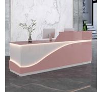 Elegante scrivania da 140 cm rosa e bianca con striscia luminosa a LED, mobili moderni per saloni di bellezza e spa, elegante bancone reception per uso professionale