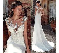 Elegante Semplicità Abito da Sposa Dolce Morbido Satin Mermaid Elegante Semplicità Abito da Sposa Applique in Pizzo Abito da Sposa Puro Elegante Semplicità Abiti da Sposa per Sposa, L-F, bianca, 1
