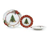Elegante Servizio di Piatti Natalizi da 18 Pezzi in Porcellana rosso Perfetto per le Festività - Design Ondulato