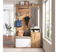 Elegante set appendiabiti bianco e color legno con specchio, scarpiera, appendiabiti, panchina e appendiabiti (Not a one piece product, requires drilling and punching holes in the wall)