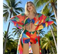 Elegante set bikini da donna, 3 pezzi, costume da bagno alla moda tropicale da spiaggia, kimono, costume da bagno con pantaloncini da ragazzo, rosa