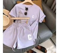 Elegante set casual in due pezzi con comoda maglietta ampia e pantaloncini alla moda con stampa lettere (2XL viola)