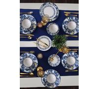 Elegante set da 24 pezzi, pietra ceramica blu e bianca, antibatterica, facile da pulire, resistente agli urti, lavabile in lavastoviglie e microwave Safe