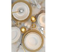 Elegante set da 26 pezzi, 100% porcelain, bianco e oro | Include piastre di servizio, piastre profonde, ciotole e platters | Dishwasher & Microwave Safe