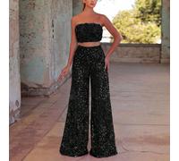 Elegante set da donna da 2 pezzi con pantaloni in paillettes lucide e canottiera con decorazione floreale 3D, design eterno raffinato, per gala, festa di matrimonio, nero L,M,S,XL,XSColore unicoPaille