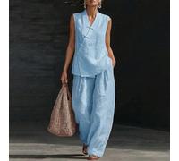 Elegante set da donna stile francese 2 pezzi, elegante camicetta e pantaloni a gamba larga, camicetta senza maniche con scollo a V e bottoni davanti, pantaloni a gamba larga blu con tasche e vita elas