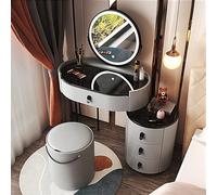 Elegante set da scrivania per trucco con specchio illuminato, piano in vetro e armadietto laterale, illuminazione a LED a 3 colori, cassetti e sedia inclusa, moderno tavolo da toeletta per donne e