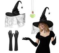 Elegante set da strega per donna, cappelli da strega con ragni + collana con pozione magica + guanti, cappello da stregas nero 3pcs Cappello da stregae Costume Accessori stregai per Halloween,festival