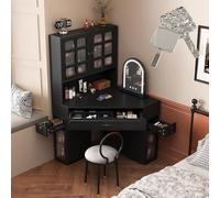 Elegante set da toeletta angolare dal design francese, con specchio e sedia, tavolo da trucco con 2 armadietti e mensola, perfetto per la camera da letto e gli appassionati di bellezza