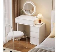 Elegante set da toeletta bianco con specchio rotondo illuminato e sedia da trucco in legno massello, 60 x 40 x 76 cm, elegante stazione di trucco per la decorazione della camera da letto delle donne