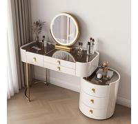 Elegante set da toeletta con specchio e piano in vetro, scrivania in legno con 5 grandi cassetti, elegante tavolino da toeletta bianco grigio per camera da letto (sedia da 100 cm non inclusa)