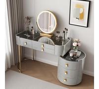 Elegante set da toeletta con specchio e piano in vetro, scrivania in legno con 5 grandi cassetti, elegante tavolo da toeletta grigio per camera da letto (sedia da 80 cm non inclusa)